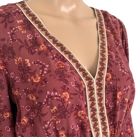 Lucky Brand Boho Floral Paisley Mini Dress M Cottage Western Peasant Smocked Red - Picture 5 of 8